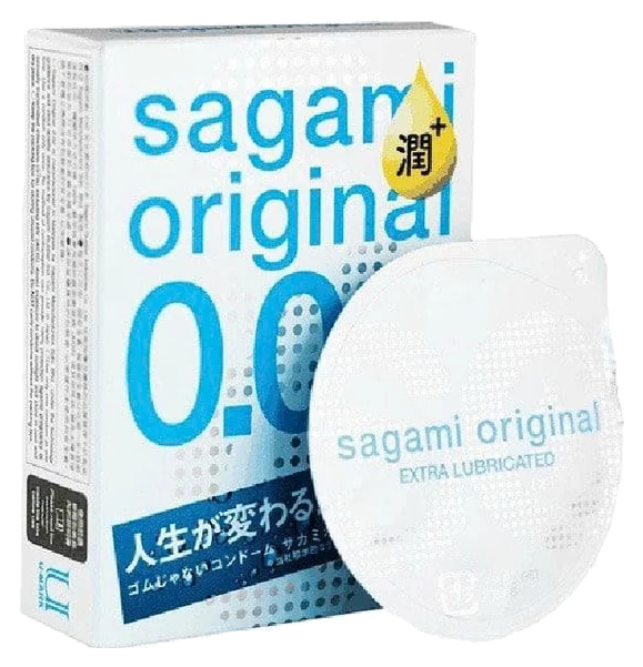Hộp bao cao su Sagami Original 0.02 Extra Gel màu xanh trắng, kèm một chiếc trong hộp nhựa
