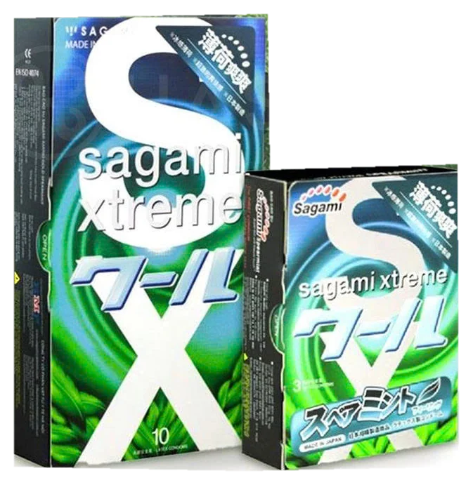 Hai hộp bao cao su Sagami Xtreme Spearmint màu xanh lá, hộp 10 và hộp 3 chiếc